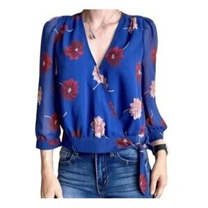 Madewell Women's Effie Blue Floral Woven Wrap Top Sz XS